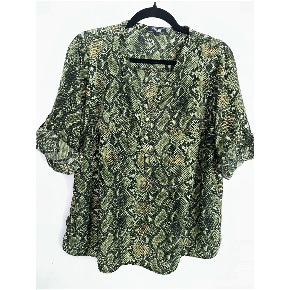Elementz Women's 3X  V-Neck Blouse Front Pockets 3/4 Sleeve Green Yellow Black